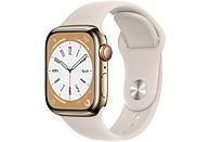 APPLE Watch Series 8 (GPS + Cellular) 41 mm - Smartwatch (Regular 130 - 200 mm, Fluorelastomer, Gold Stainless Steel/Starlight)