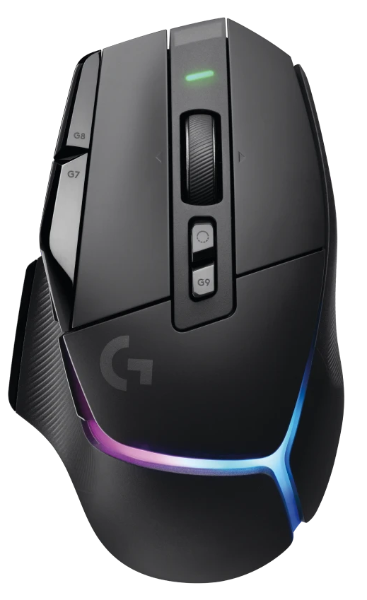 Fekete Logitech gaming egér több gombbal és RGB világítással.