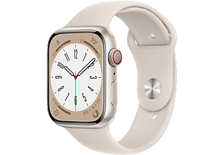 APPLE Watch Series 8 (GPS + Cellular) 45 mm - Montre intelligente (Regular 140 - 220 mm, Fluoroélastomère, Starlight Aluminum/Starlight)