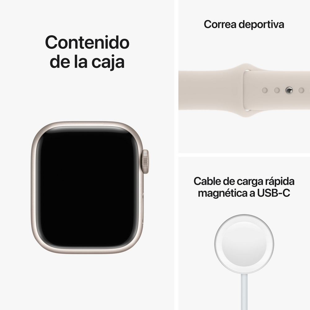 Apple Watch, correa deportiva y cargador. Texto: 'Contenido de la caja.' Fondo blanco.