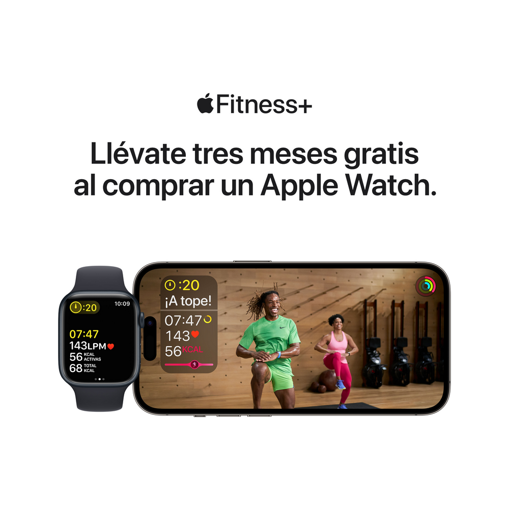 Un Apple Watch y un iPhone muestran un entrenamiento de Fitness+ con texto.