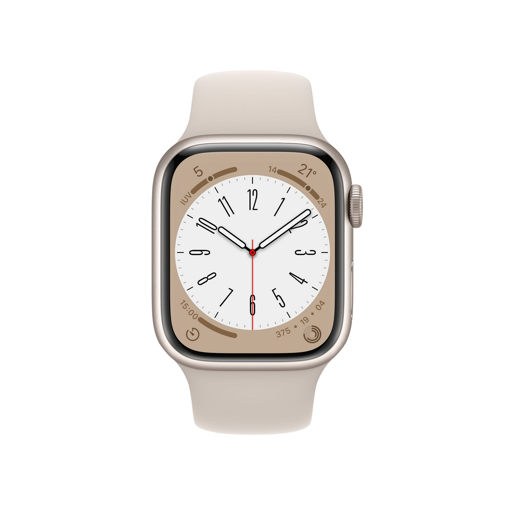 Apple Watch dorado con correa beige claro mostrando la hora.