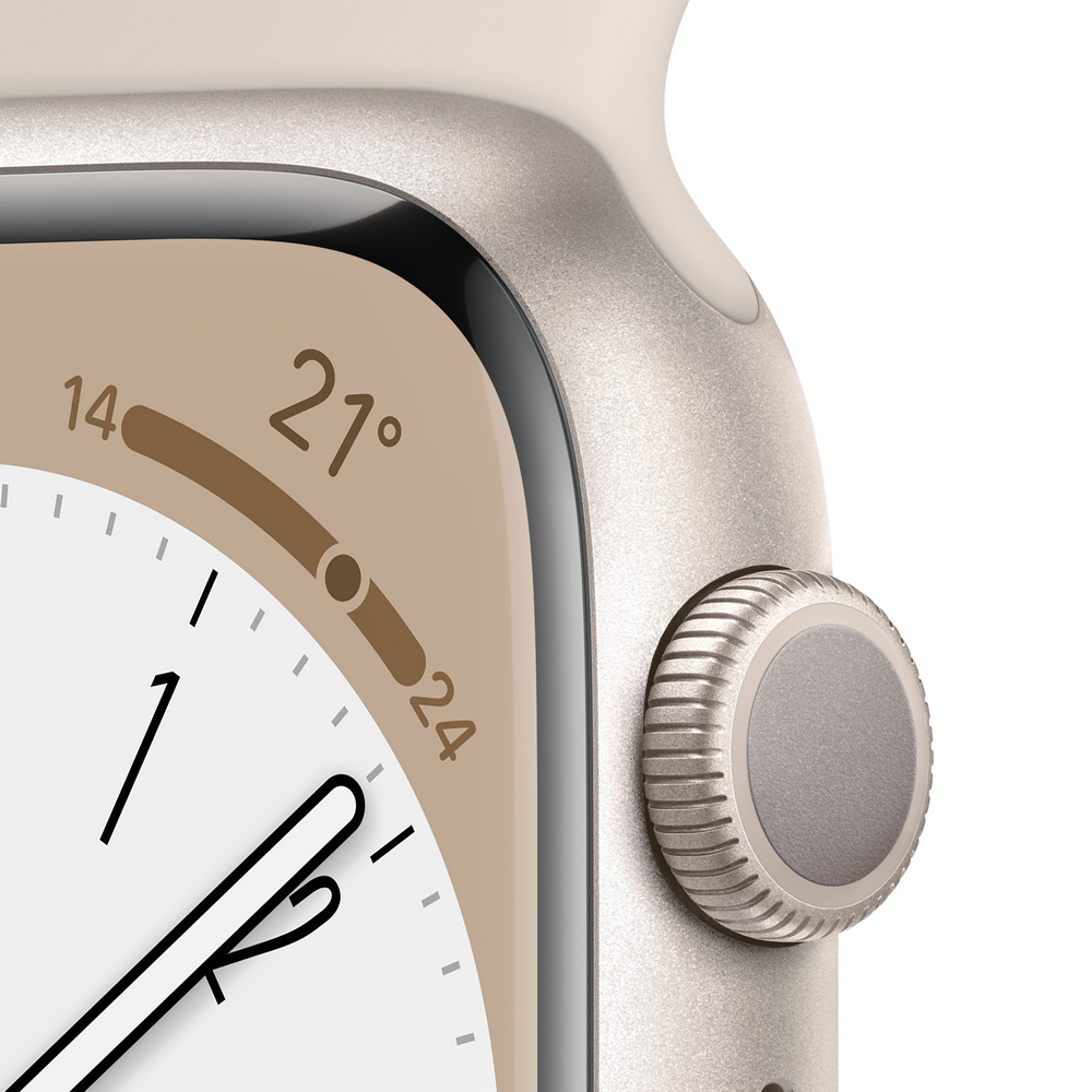 Primer plano de la esfera de un Apple Watch. Muestra 21 grados y la hora 1:45 con caja plateada.