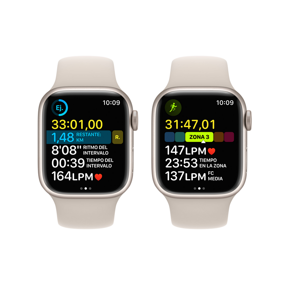 Dos Apple Watches mostrando datos de entrenamiento con información de tiempo, frecuencia cardíaca y zona.