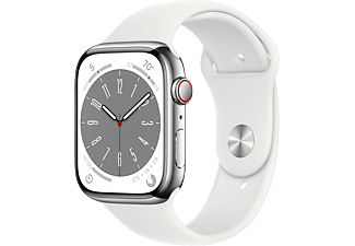 APPLE Watch Series 8 (GPS + Cellular) 45 mm - Montre intelligente (Regular 140 - 220 mm, Fluoroélastomère, Silver Stainless Steel/White)