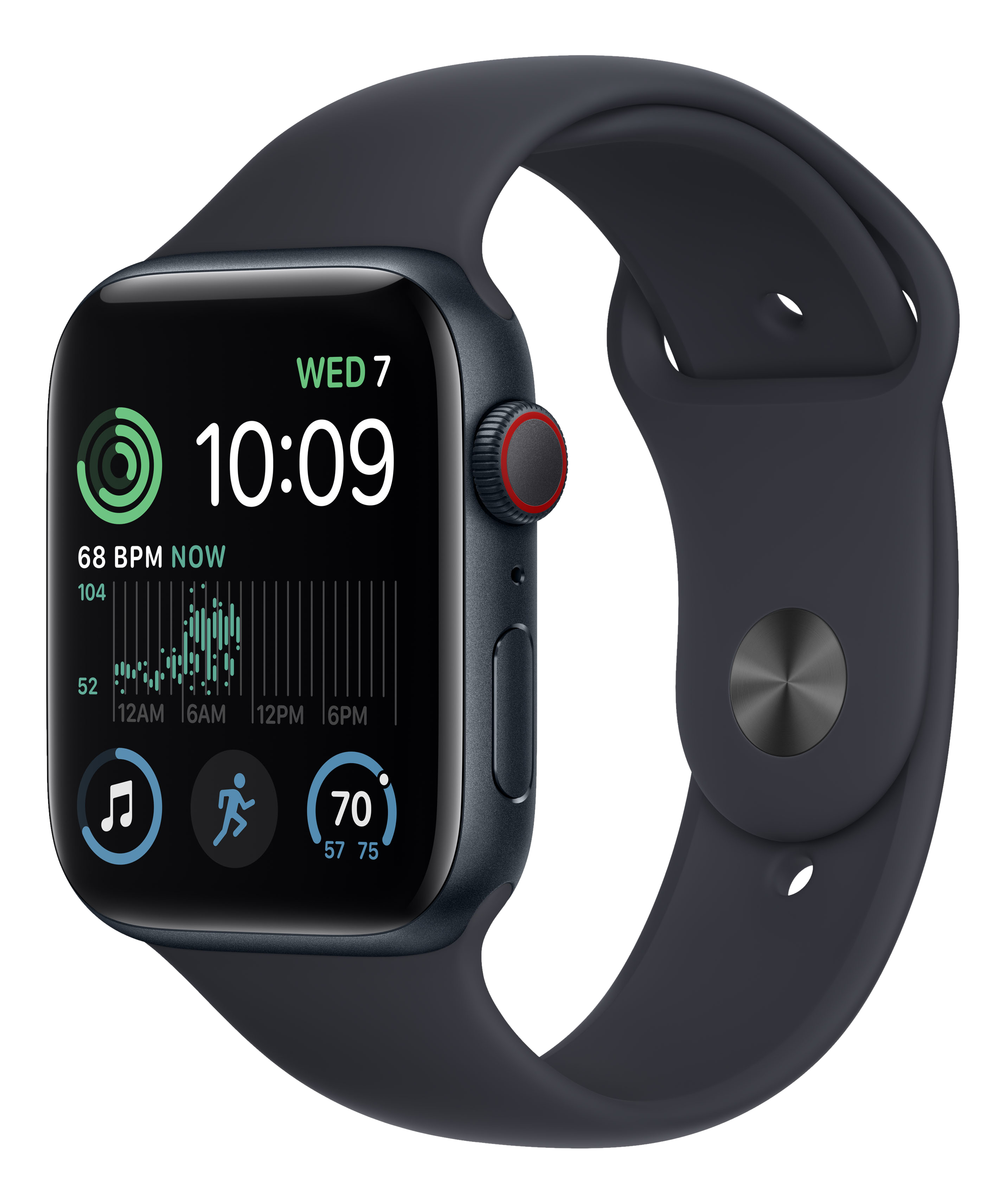 APPLE Watch SE (2. Generation, GPS + Cellular) 44 mm - Smartwatch (Regular 140 - 210 mm, Fluorelastomer, Midnight Aluminum/Midnight)