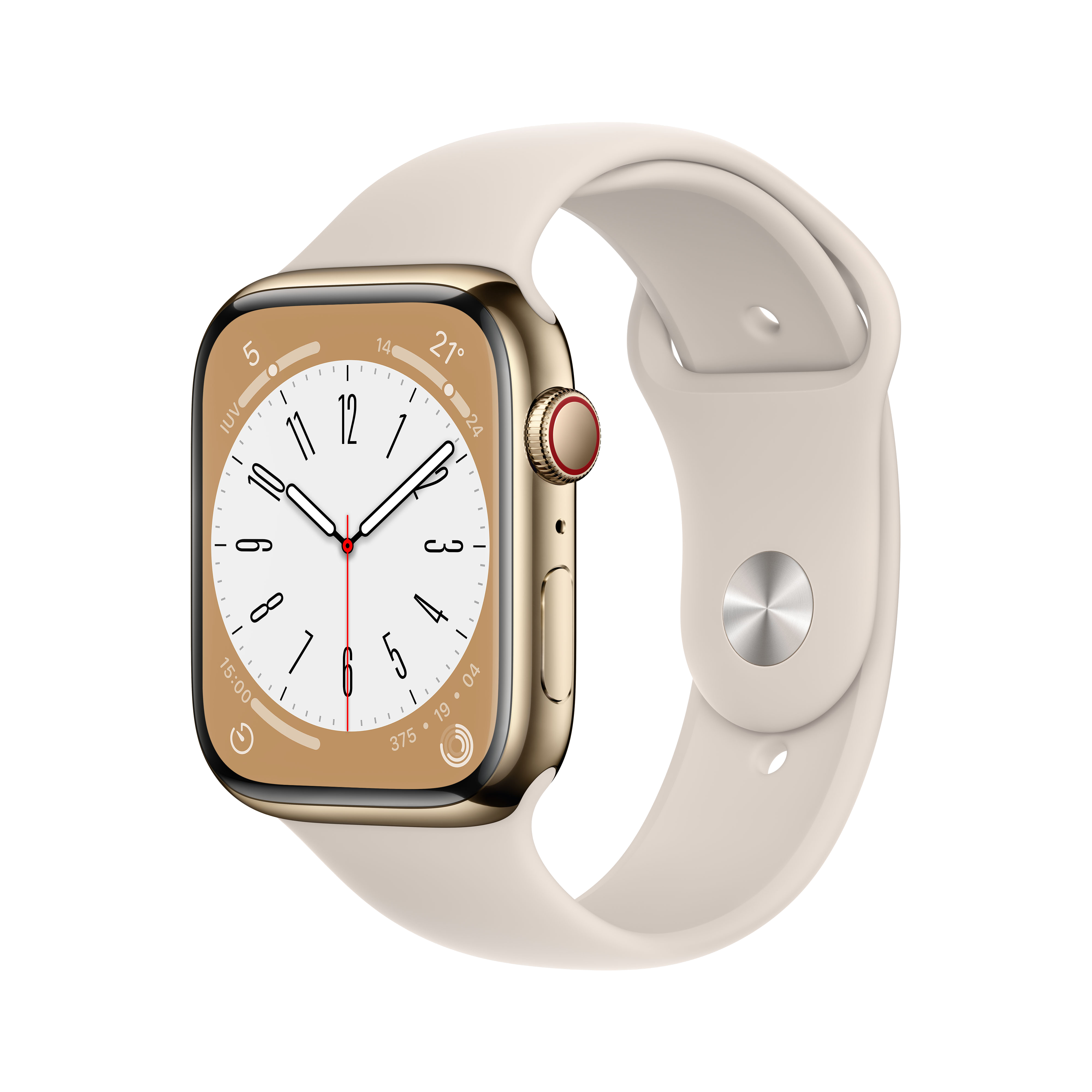 Apple Watch dorada con correa beige. Muestra hora, fecha y métricas de salud. Botón rojo lateral.
