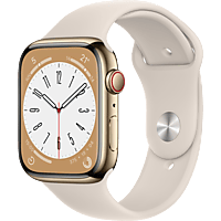 APPLE Watch Series 8 (2022), GPS+CELL, 45 mm,  Caja de acero inoxidable, Vidrio delantero Ion-X, Correa deportiva oro