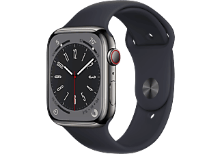 APPLE Watch Series 8 (GPS + Cellular) 45 mm - Smartwatch (Regular 140 - 220 mm, Fluorelastomer, Graphite Stainless Steel/Midnight)