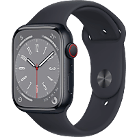 APPLE Watch Series 8 (2022), GPS+CELL, 45 mm,  Caja de aluminio, Vidrio delantero Ion-X, Correa deportiva medianoche