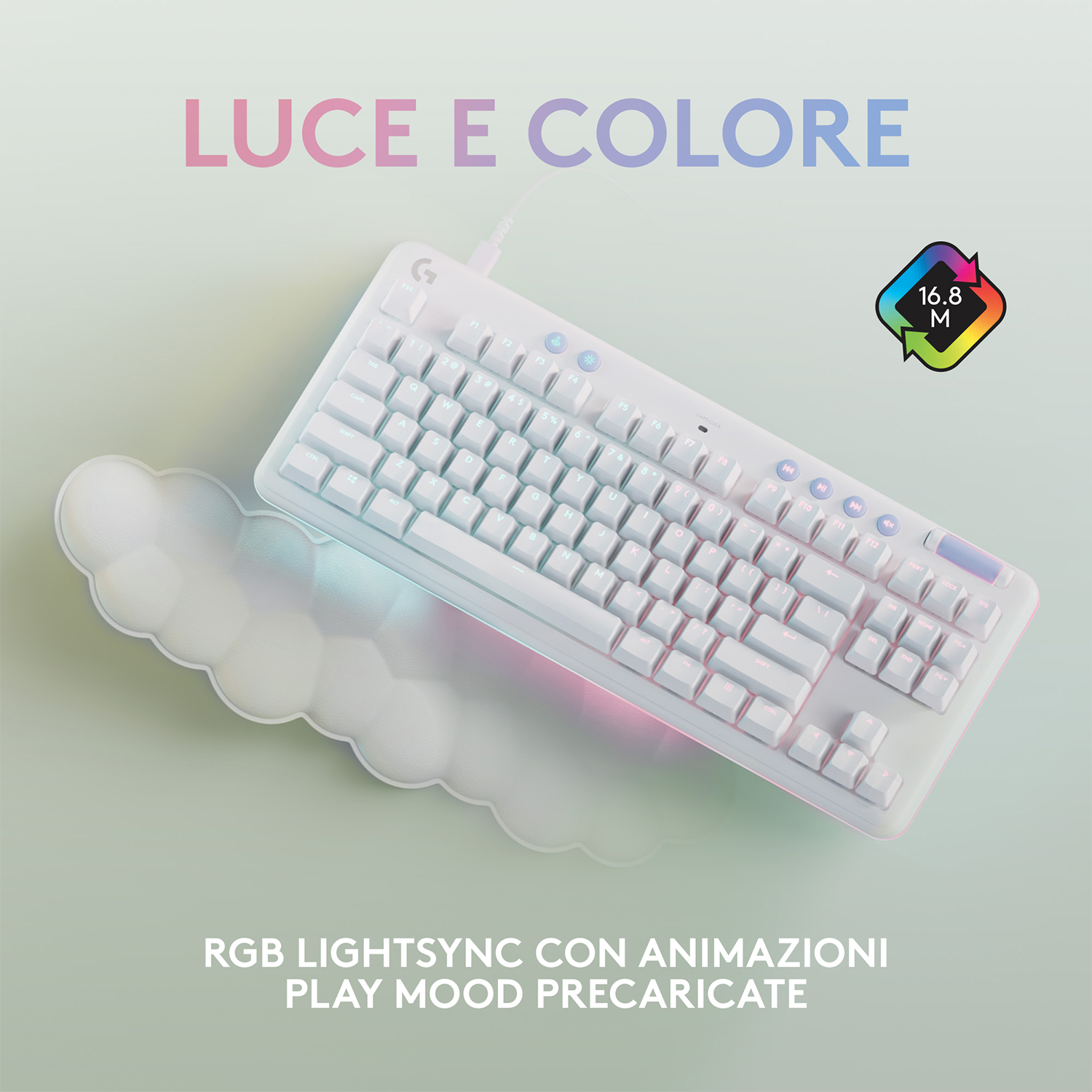 Tastiera bianca con tasti bianchi e poggiapolsi a forma di nuvola, con testo 'LUCE E COLORE'.