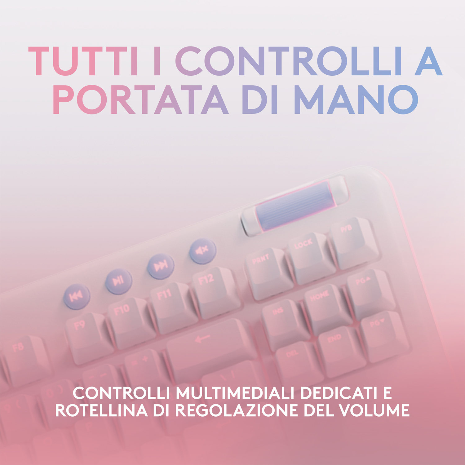 Una tastiera rosa e bianca con controlli multimediali e una rotella per il volume.