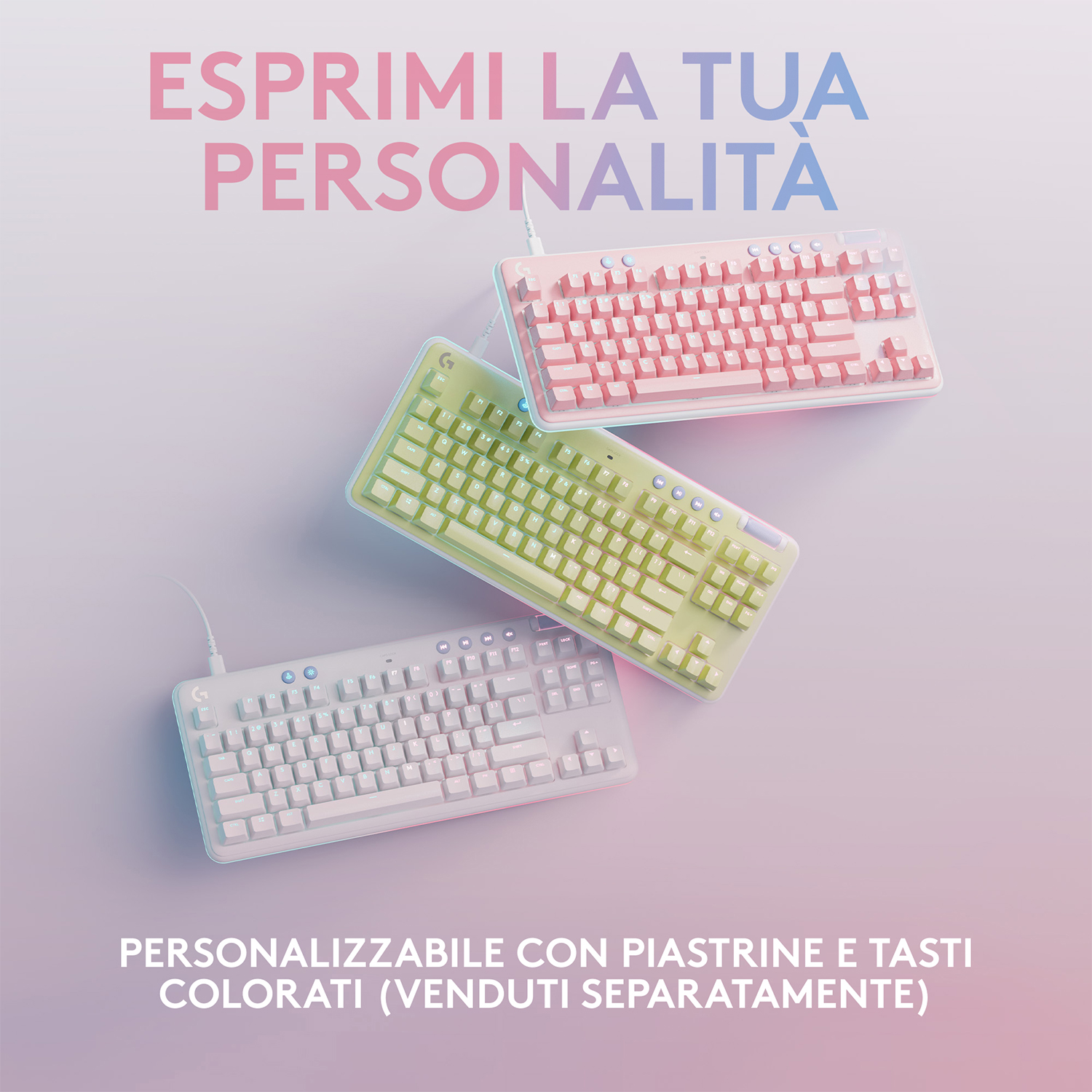 Tre tastiere colorate: rosa, verde e bianca. Sono visualizzate su uno sfondo sfumato.