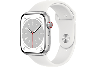 APPLE Watch Series 8 (GPS + Cellular) 45 mm - Smartwatch (Regular 140 - 220 mm, Fluorelastomer, Silver Aluminum/White)