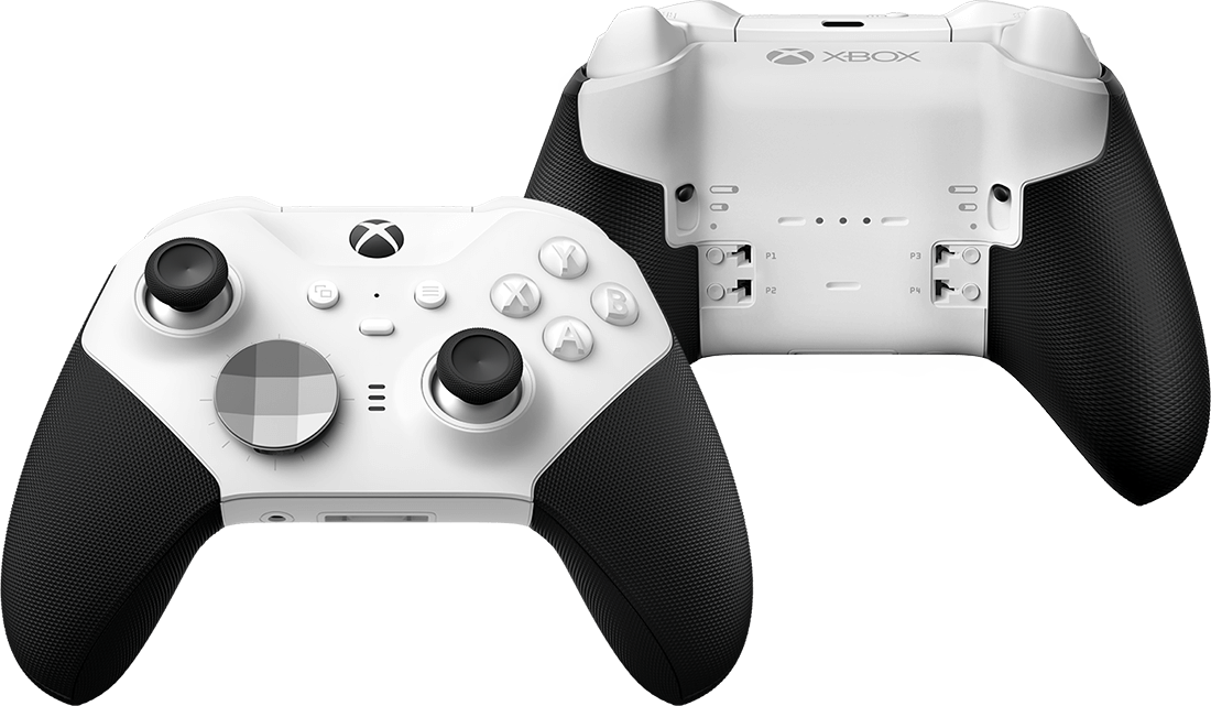 Fehér Xbox kontroller, elöl- és hátulnézetben. Fekete hüvelykujjak és markolatok. Gombok: X, Y, A, B. Xbox logó látható.