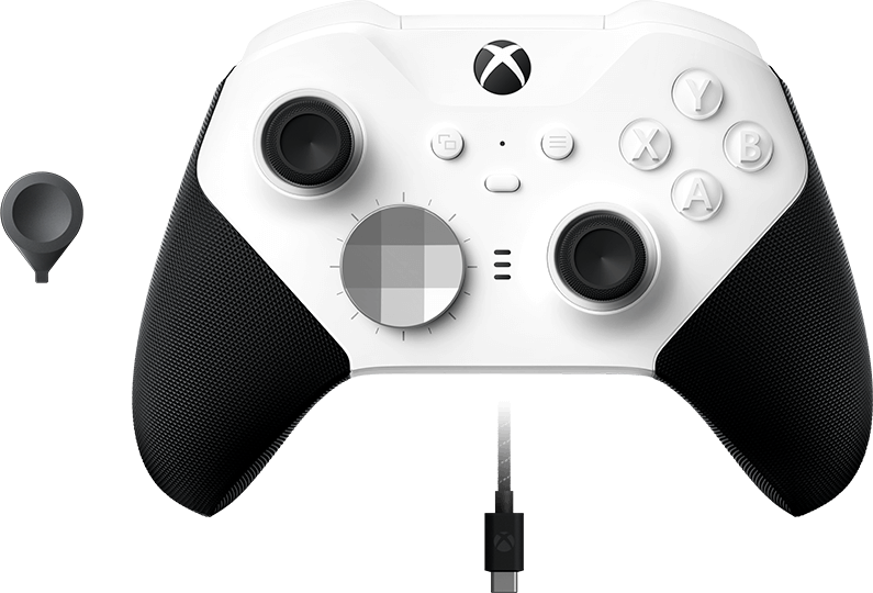 Egy fehér Xbox Elite Series 2 kontroller fekete markolatokkal, gombokkal és joystickokkal. Tartalmaz egy töltőkábelt és egy extra joystickot.