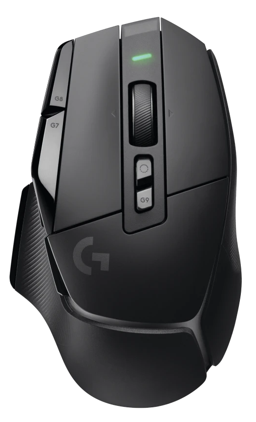 Egy fekete Logitech G gaming egér. Van rajta gombok, görgőkerék és egy zöld fény.