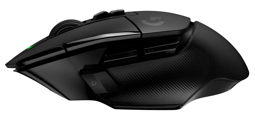 Fekete gaming egér oldalsó gombokkal és texturált fogással.
