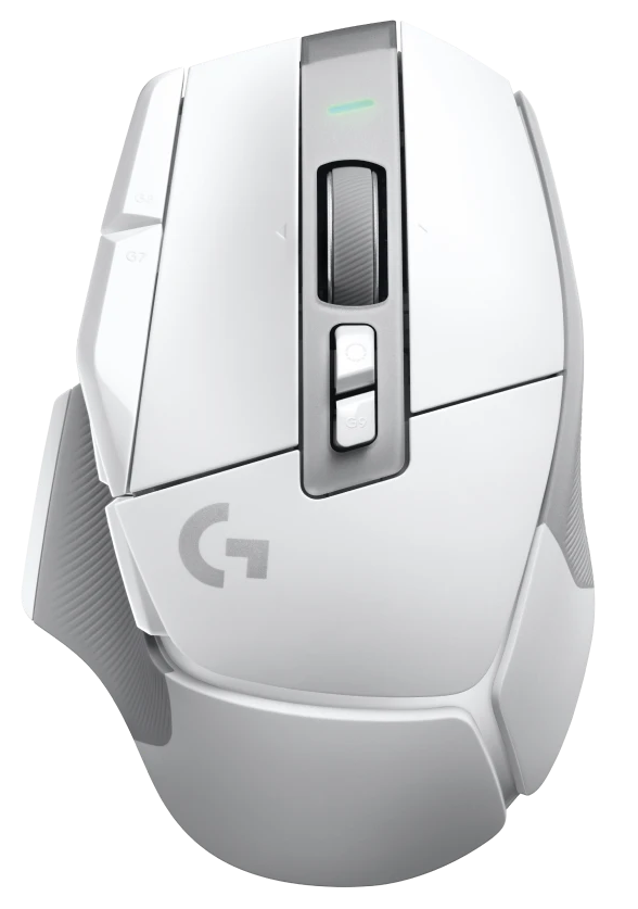 Fehér gamer egér, Logitech márka, G logó, gombokkal és görgővel.