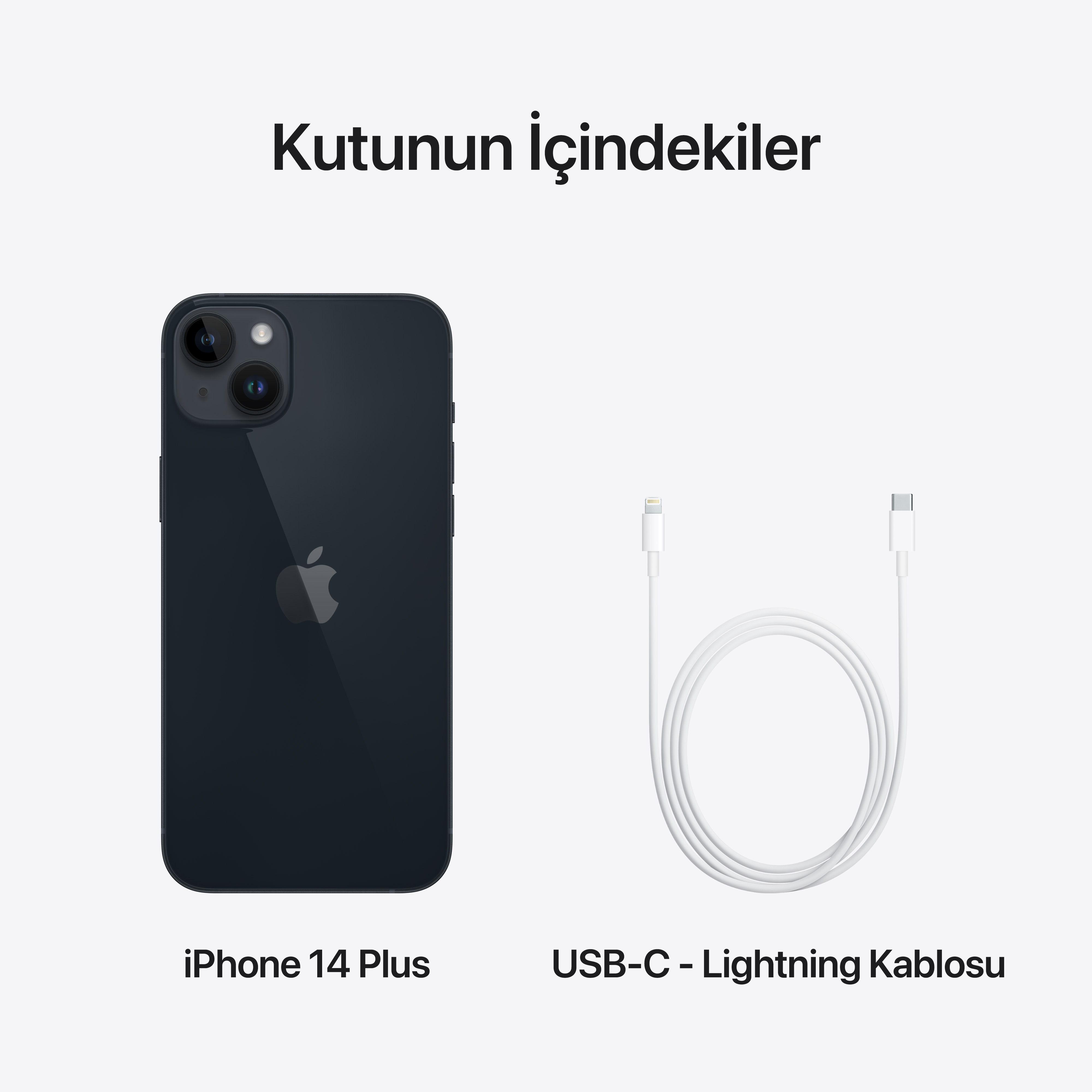 Koyu mavi iPhone 14 Plus ve beyaz bir USB-C - Lightning kablosu. Beyaz arka plan.