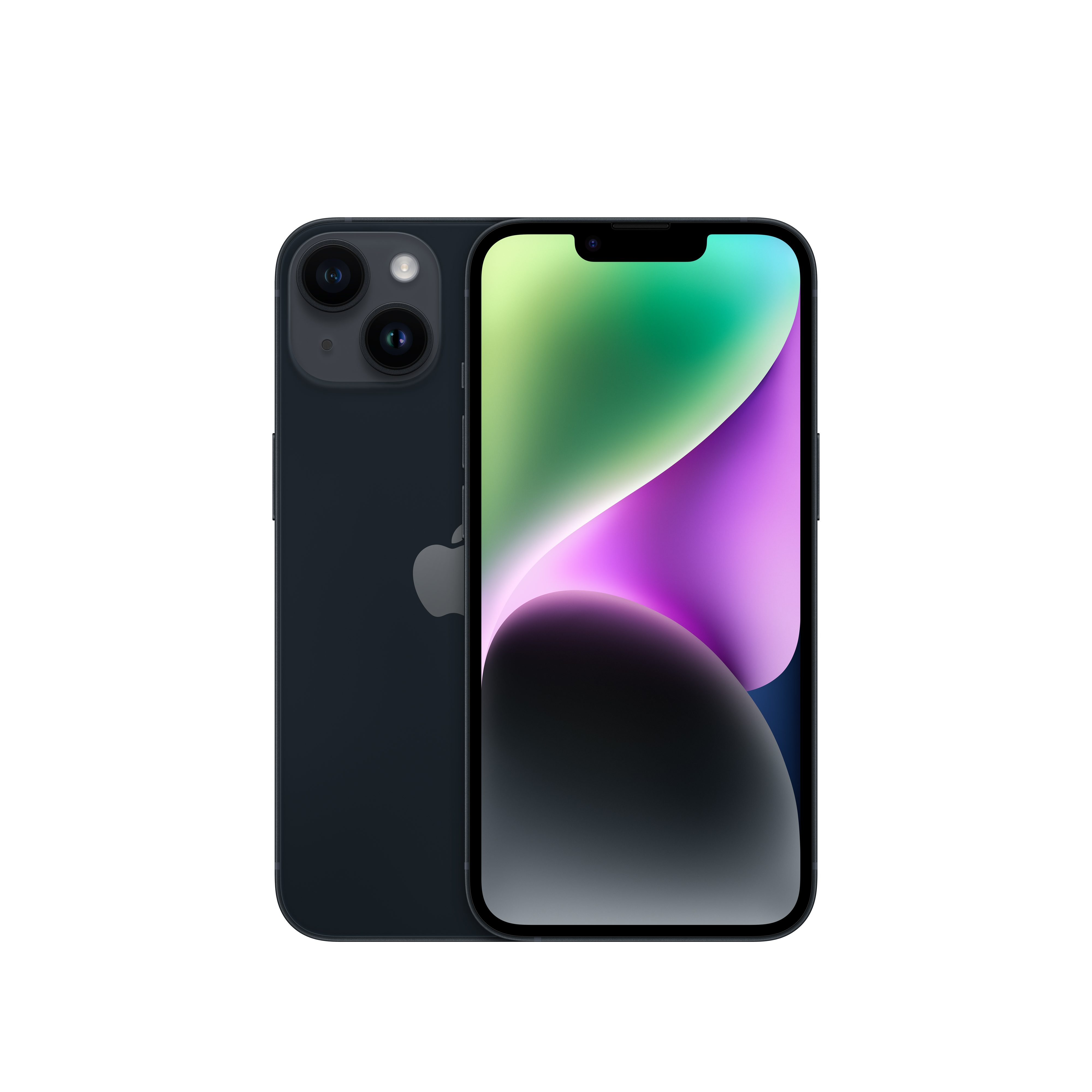 Dunkelblaues iPhone mit zwei Kameras, schwarzem Bildschirm. Rückseite zeigt Apple-Logo.