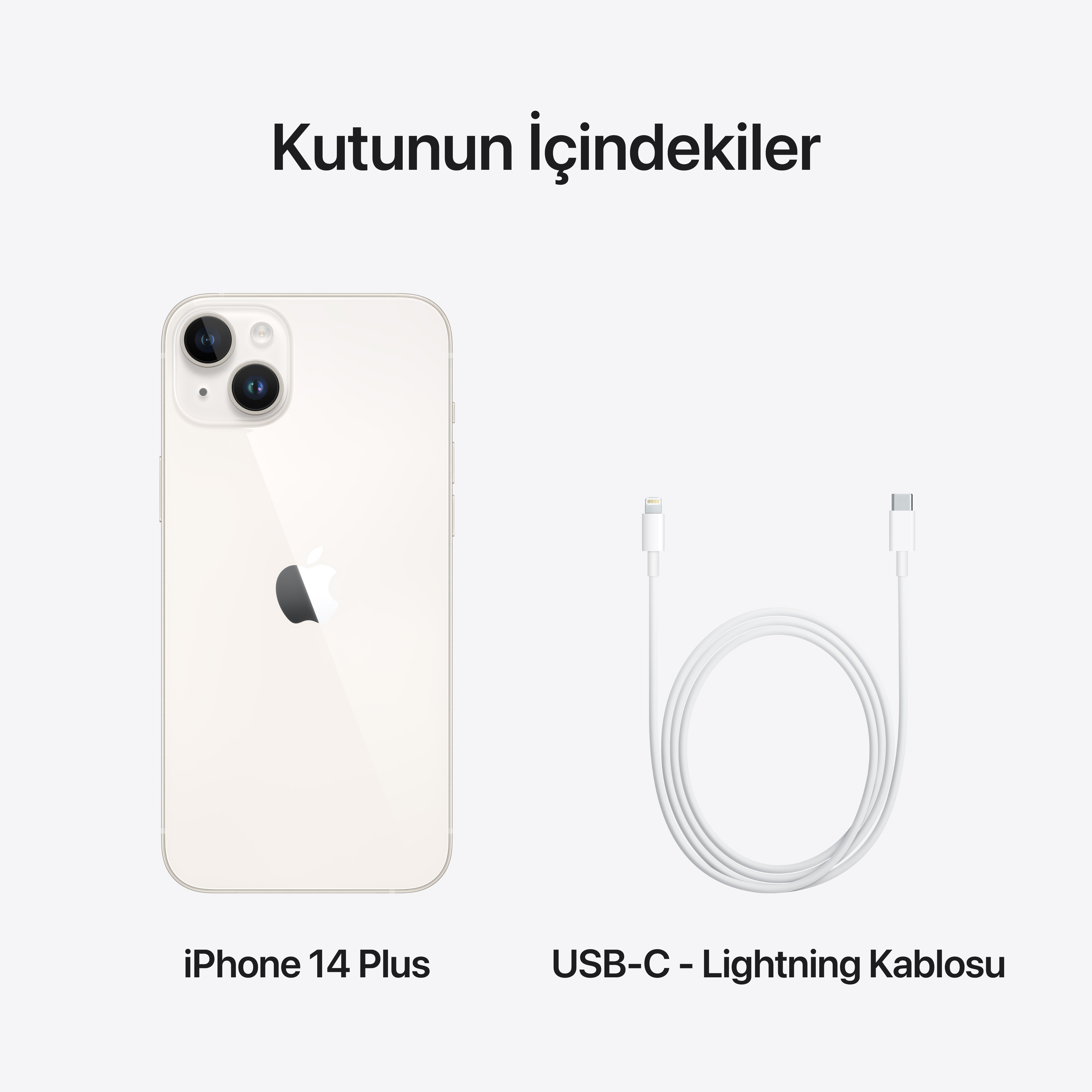 Beyaz bir arka plan üzerinde bir iPhone 14 Plus ve bir USB-C - Lightning kablosu.