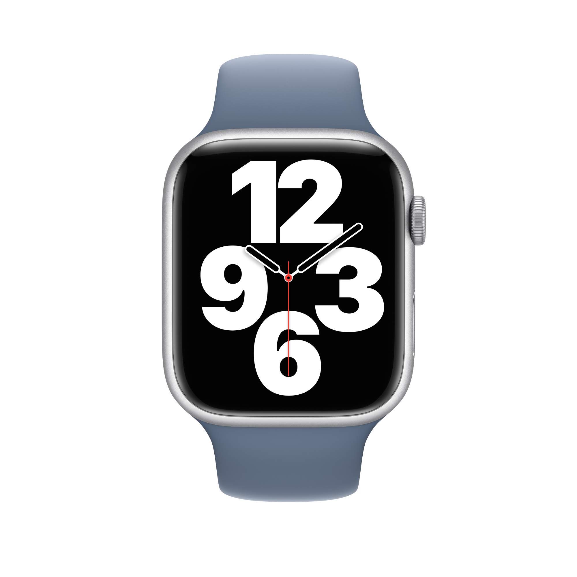 Eine blaue Apple Watch mit weißem Zifferblatt, das die Uhrzeit anzeigt.