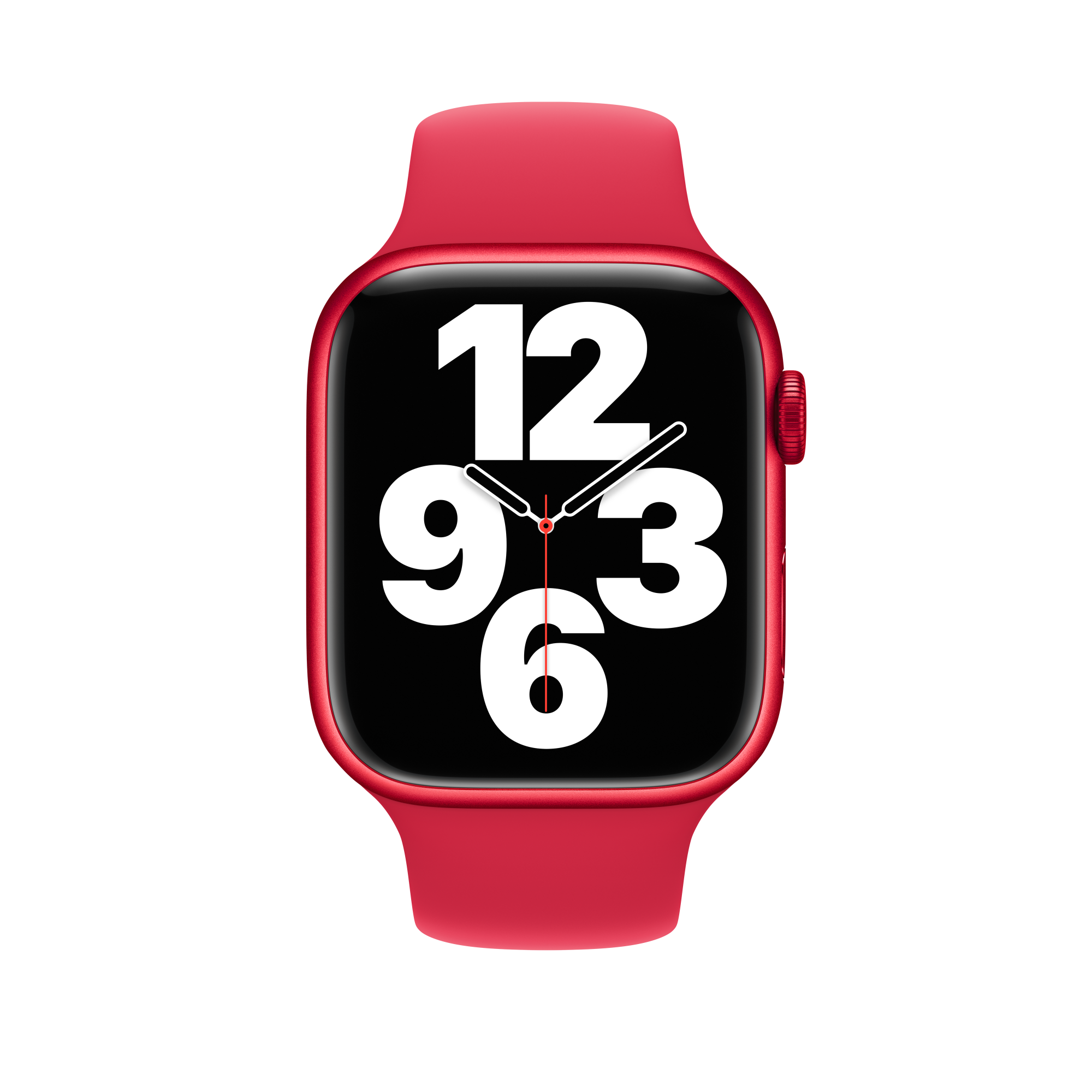 Rote Apple Watch mit schwarzem Display, das eine große Digitaluhr zeigt.
