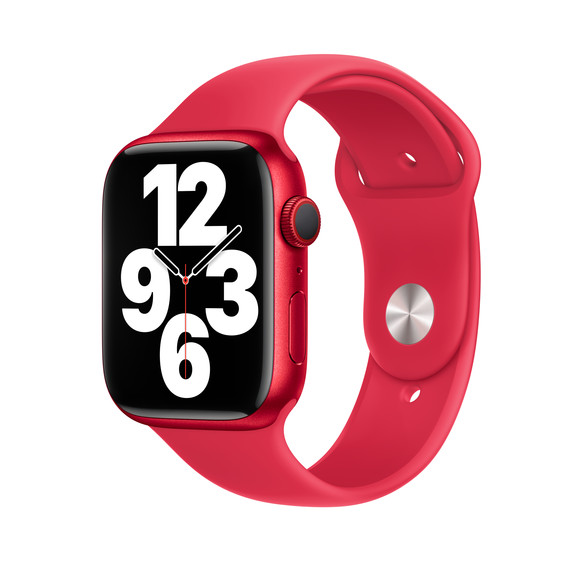 Eine rote Apple Watch auf weißem Hintergrund. Der Bildschirm zeigt Zeit- und Trainingsdaten.