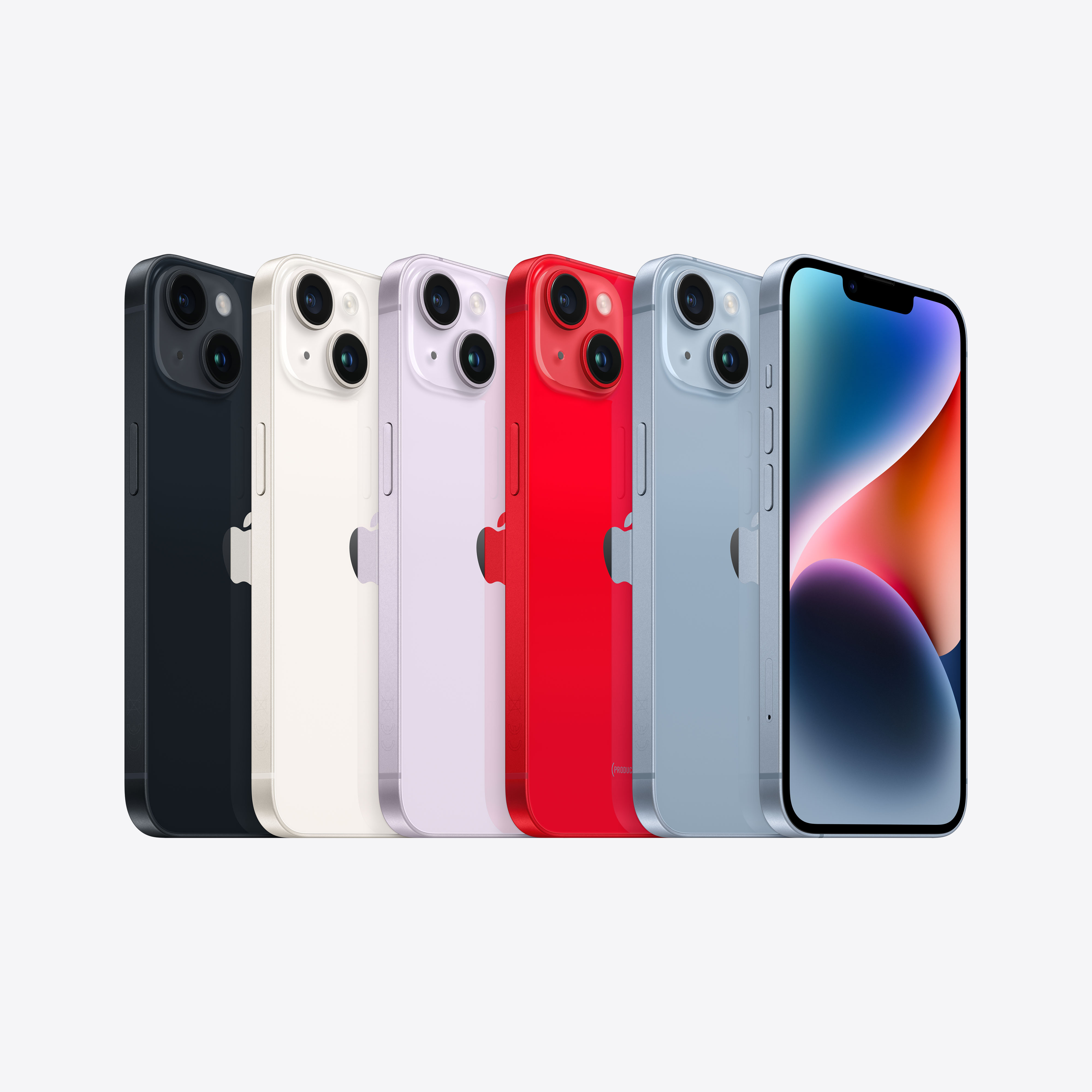 Siyah, beyaz, mor, kırmızı, mavi ve bir ekran dahil olmak üzere çeşitli renklerde bir dizi iPhone 14.