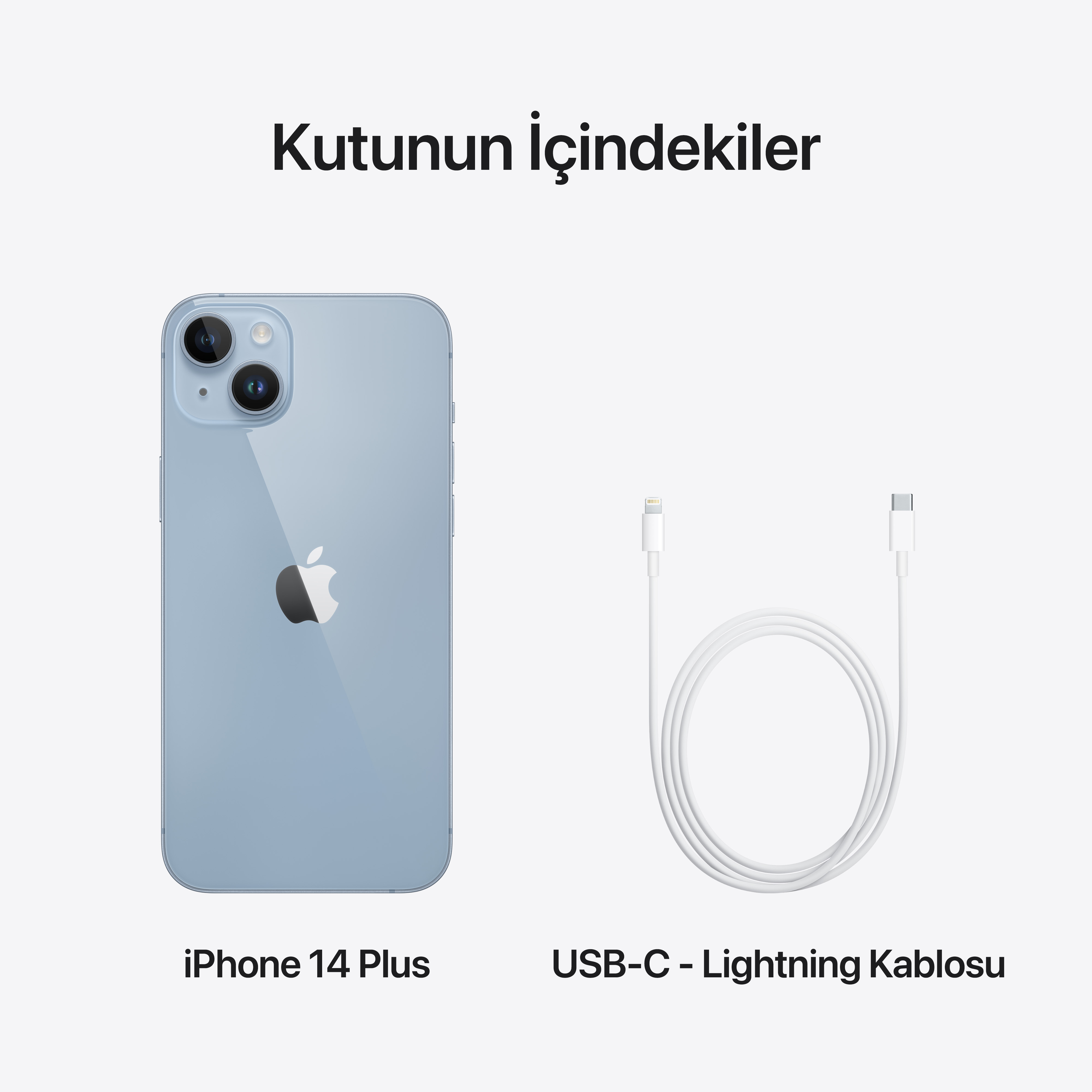Beyaz bir arka plan üzerinde bir iPhone 14 Plus ve bir USB-C - Lightning kablosu.