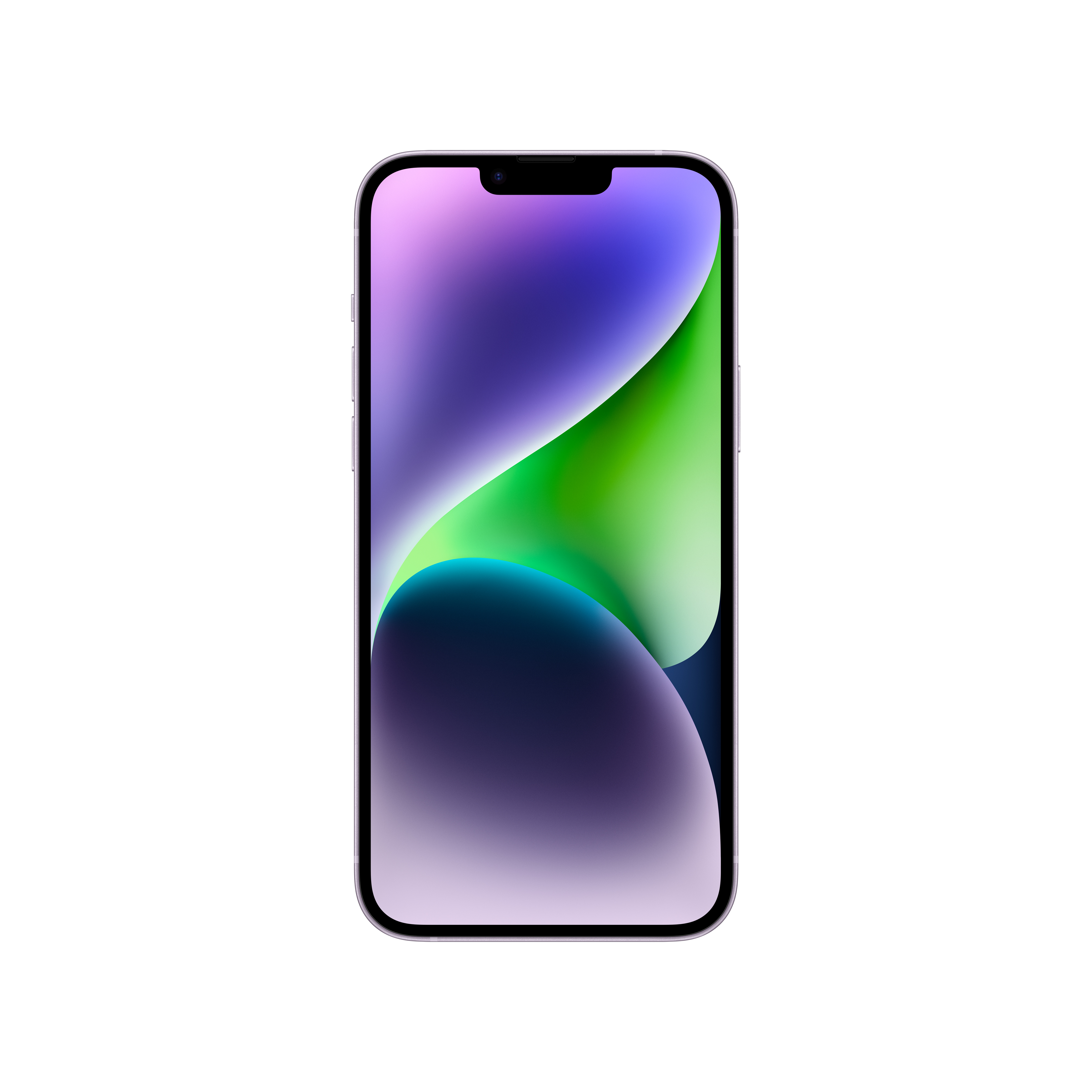 Kavisli ekrana sahip iPhone, beyaz zemin üzerinde renkli bir duvar kağıdı gösteriyor.