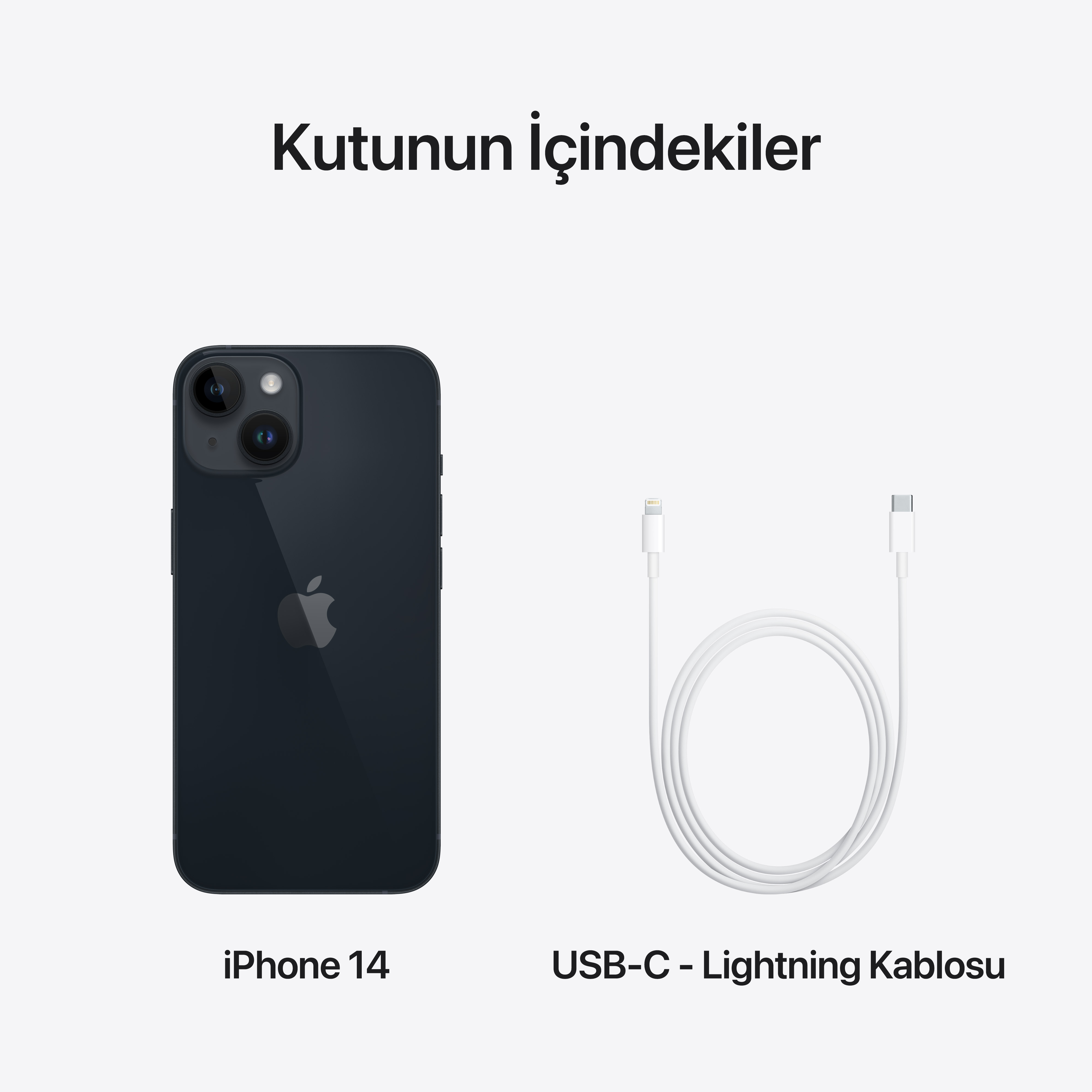 iPhone 14 ve bir USB-C - Lightning kablosu, 'Kutunun İçindekiler' metniyle.