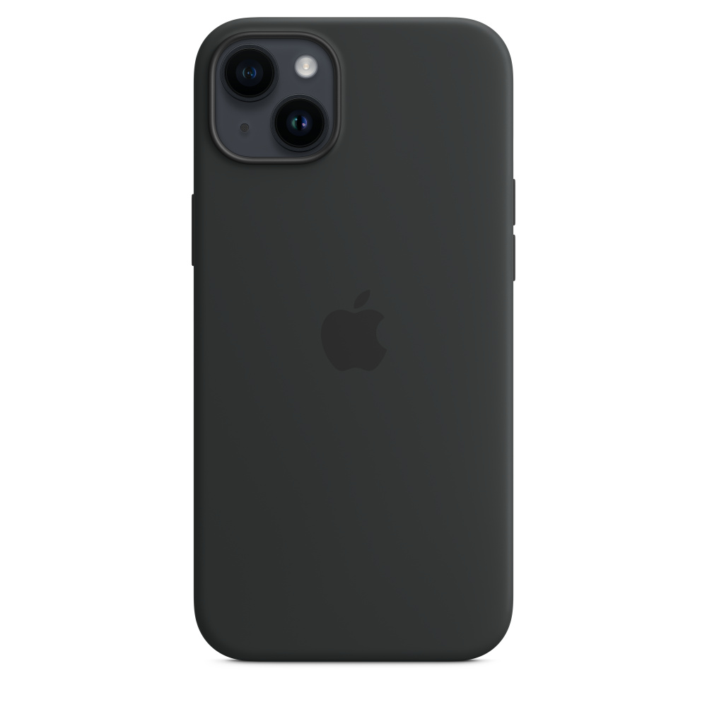 Schwarze iPhone-Rückseite mit schwarzem Apple-Logo. Zwei Kameralinsen sind sichtbar.