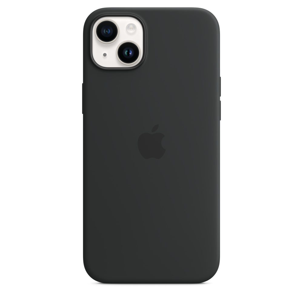 Schwarzes iPhone mit schwarzer Hülle, Apple-Logo auf der Rückseite. Kameralinsen und Blitz sichtbar.