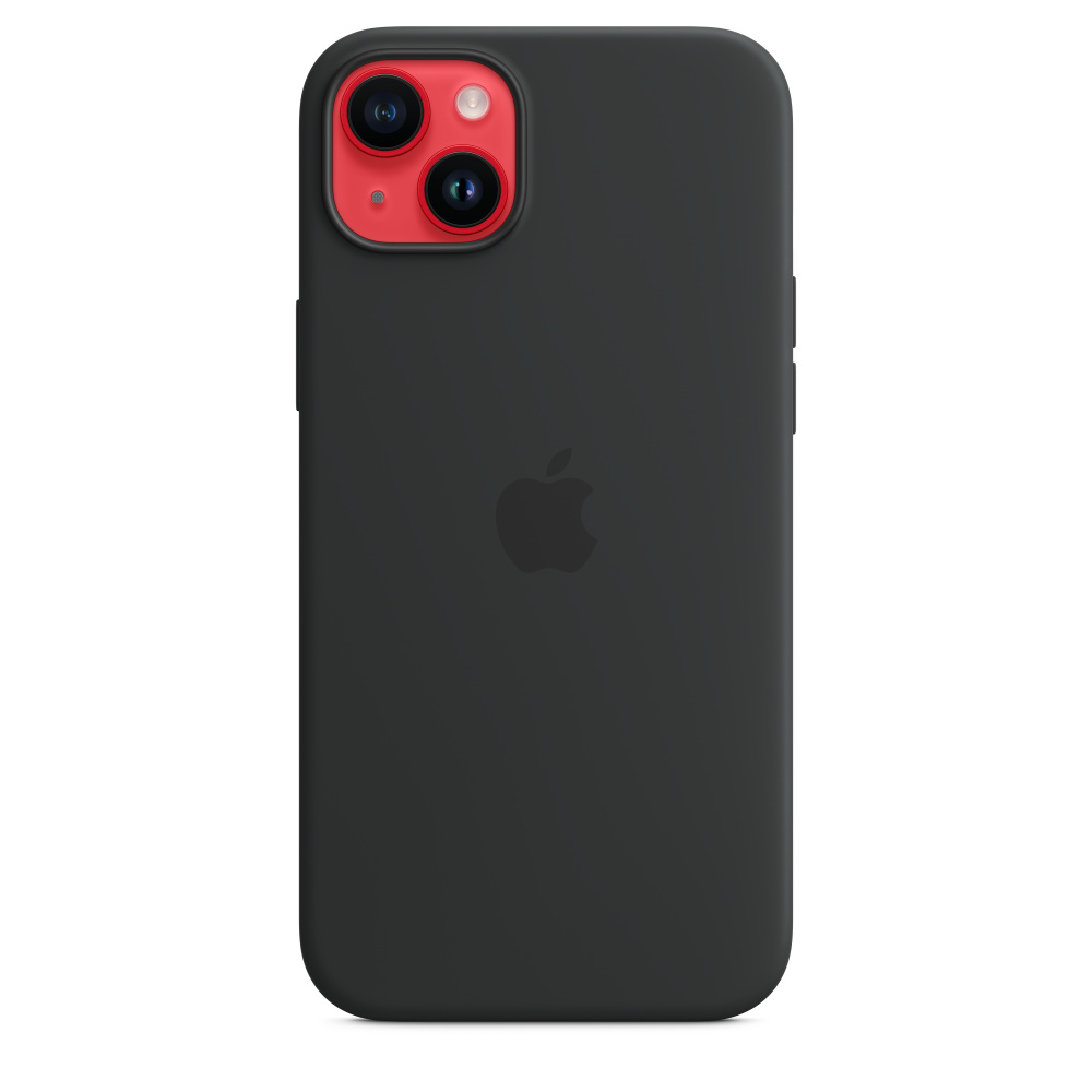Ein schwarzes iPhone mit roter Kamerahöcker. Das Apple-Logo ist mittig auf der Rückseite des Telefons angebracht.