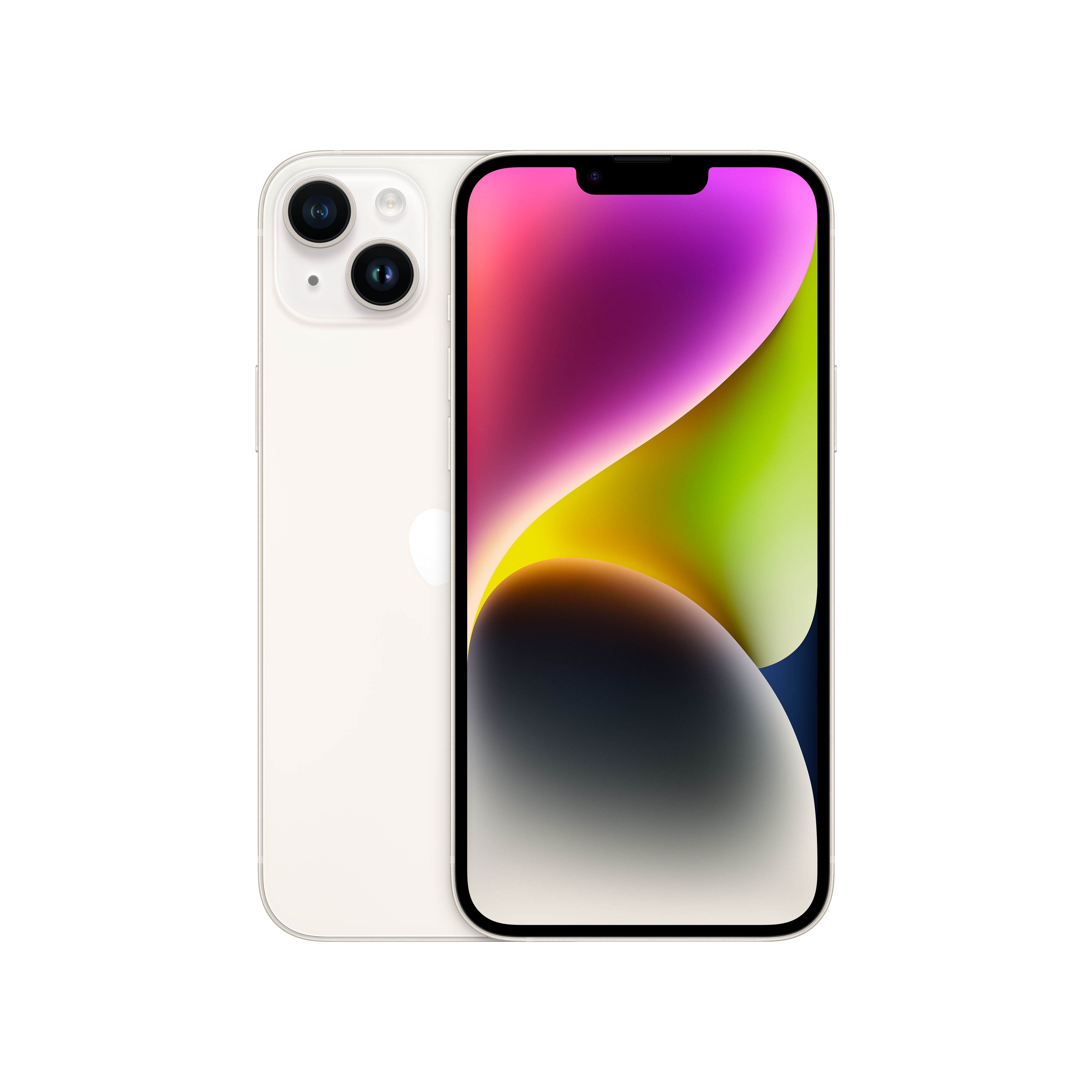 Renkli ekranlı beyaz iPhone ve çift kamera.