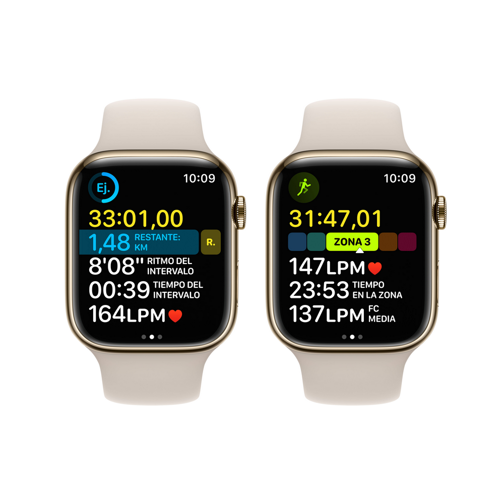 Dos smartwatches lado a lado mostrando datos de ejercicio, con detalles de tiempo y frecuencia cardíaca.