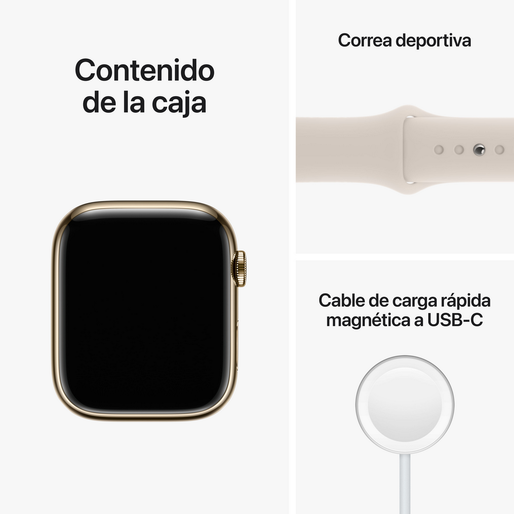 Apple Watch y correa deportiva beige, y cable de carga magnético USB-C.