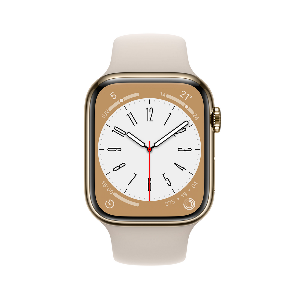 Un Apple Watch con caja dorada y correa beige, mostrando un reloj con manecillas.