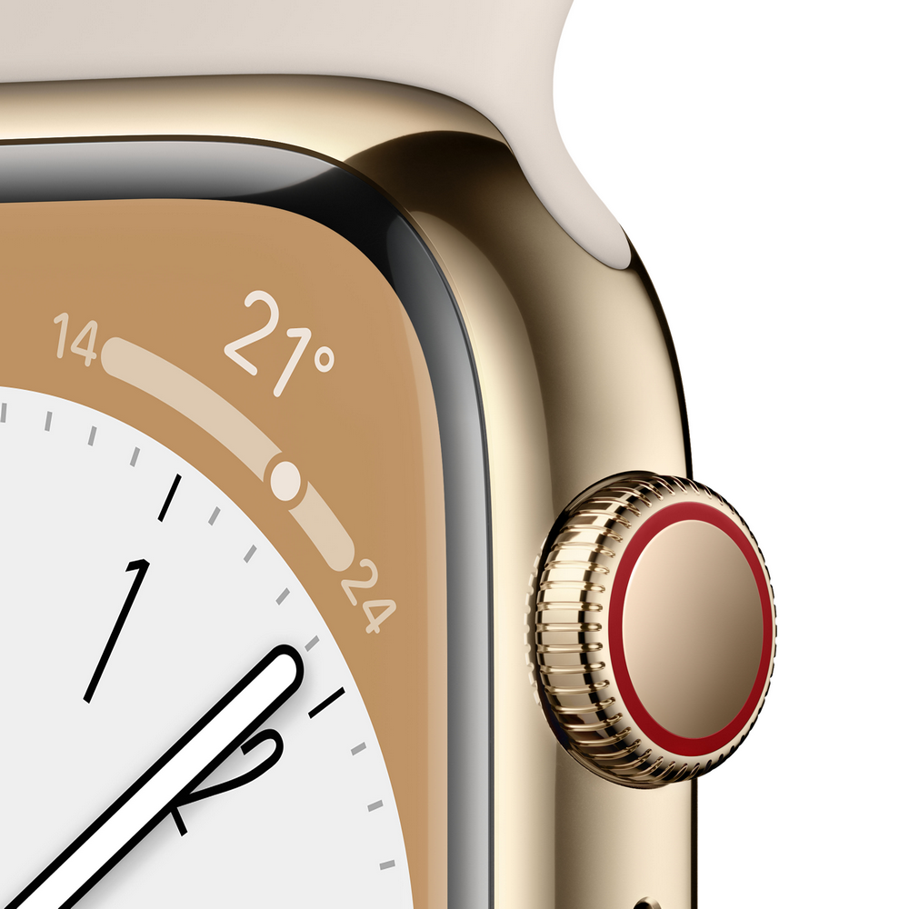 Primer plano: Apple Watch dorado con la hora mostrada en la pantalla.