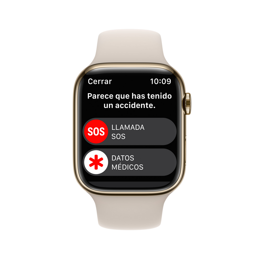 Pantalla de Apple Watch mostrando alerta de accidente con opciones SOS y datos médicos.