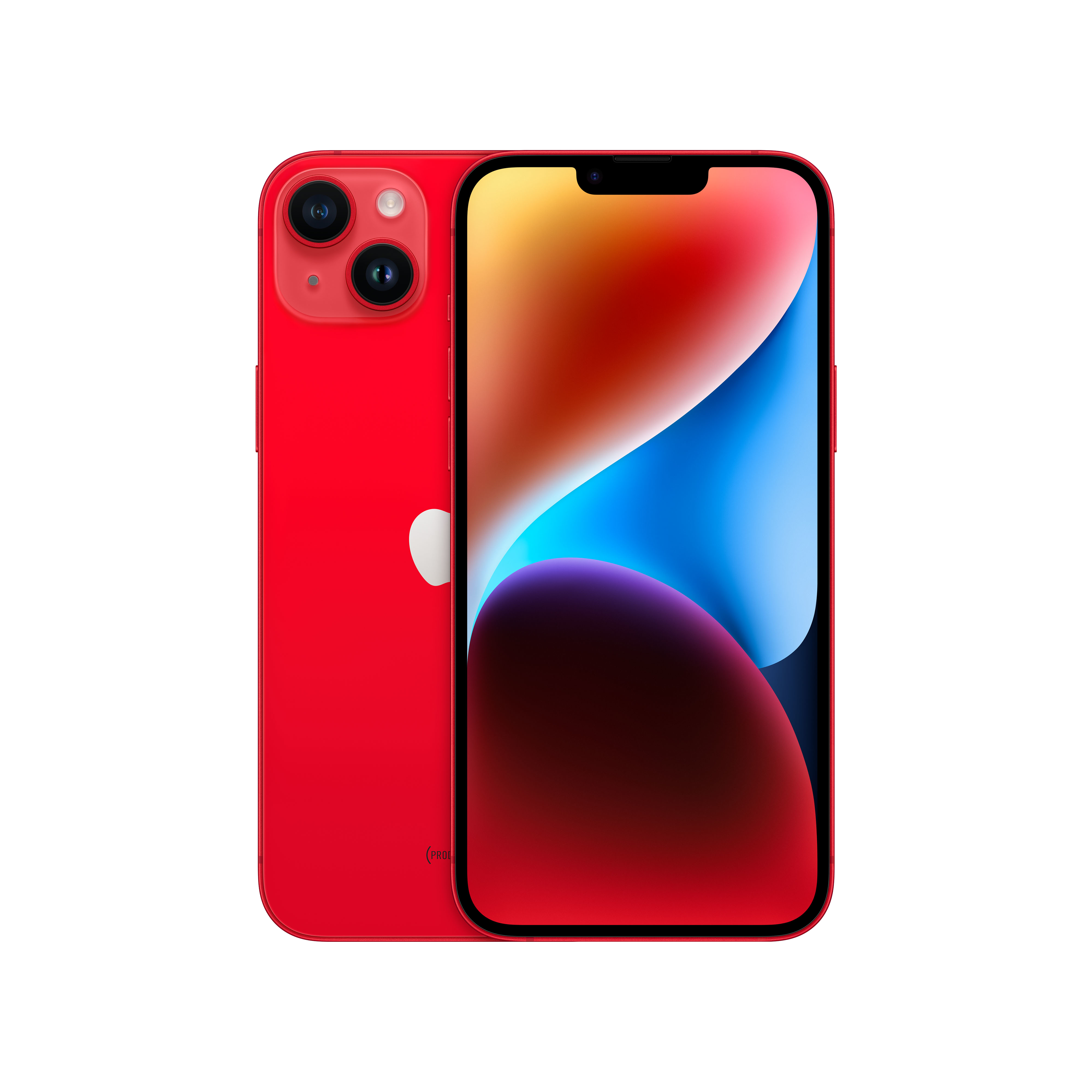 İki lensli kameraya ve tam ekran ekrana sahip kırmızı bir iPhone 14.