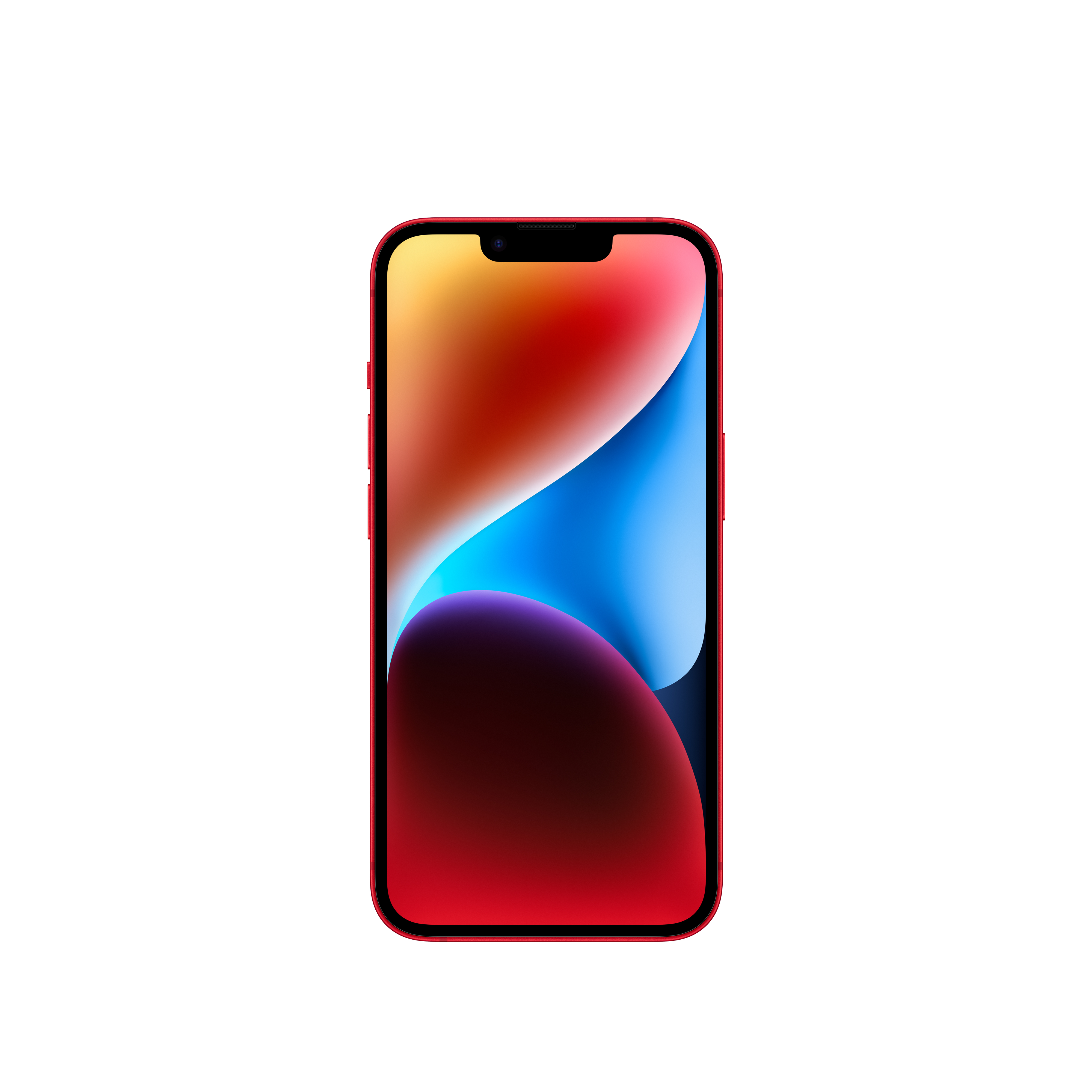 Kırmızı bir iPhone, beyaz bir arka plan üzerinde renkli soyut bir duvar kağıdı görüntülüyor.