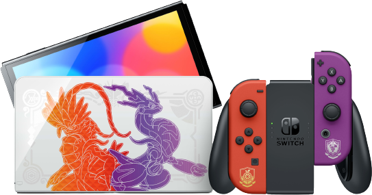Nintendo Switch mit Pokémon Karmesin und Purpur, mit Controllern und Dock.
