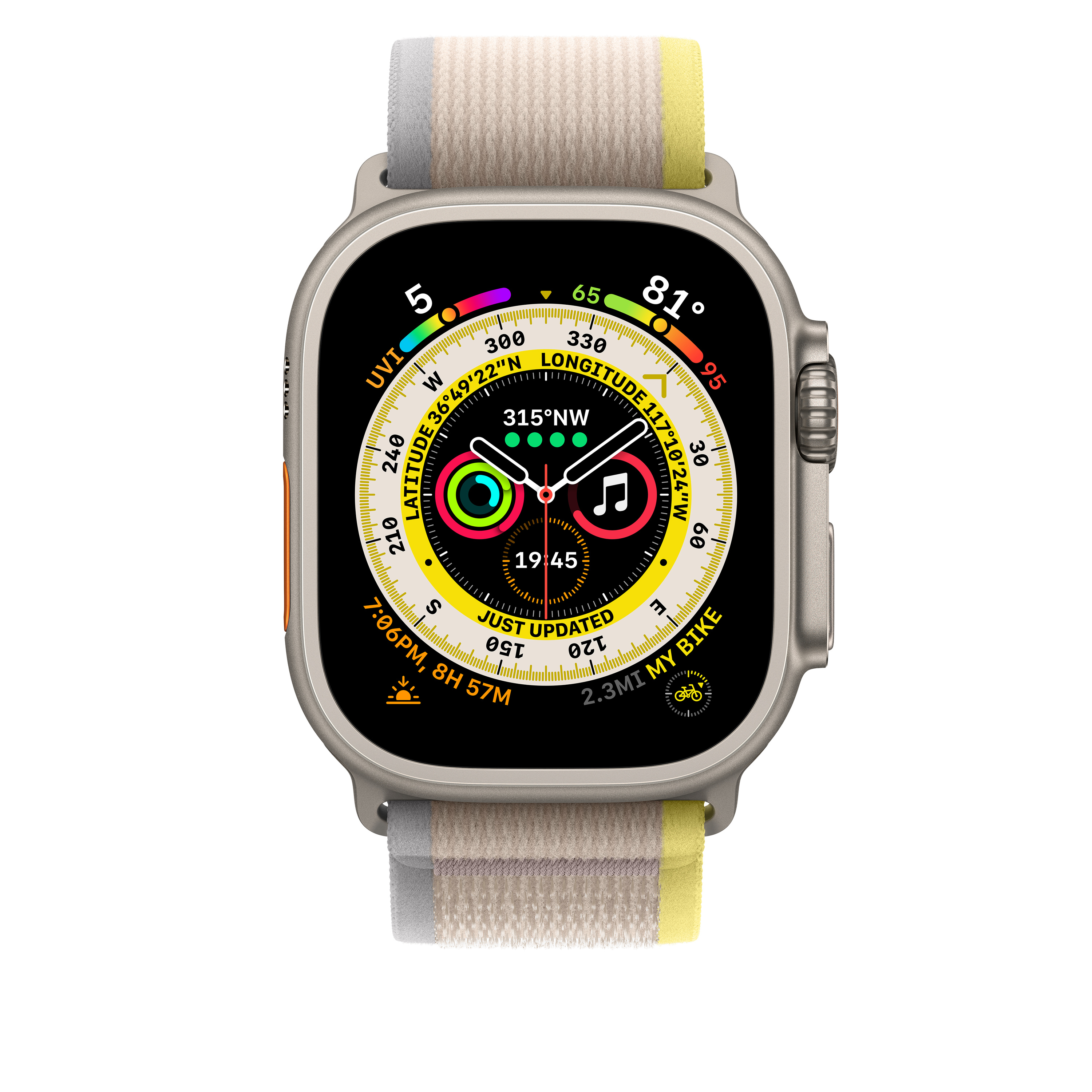 Apple Watch Ultra mit Fitness-Metriken auf weißem Hintergrund. Das Band ist beige und gelb.