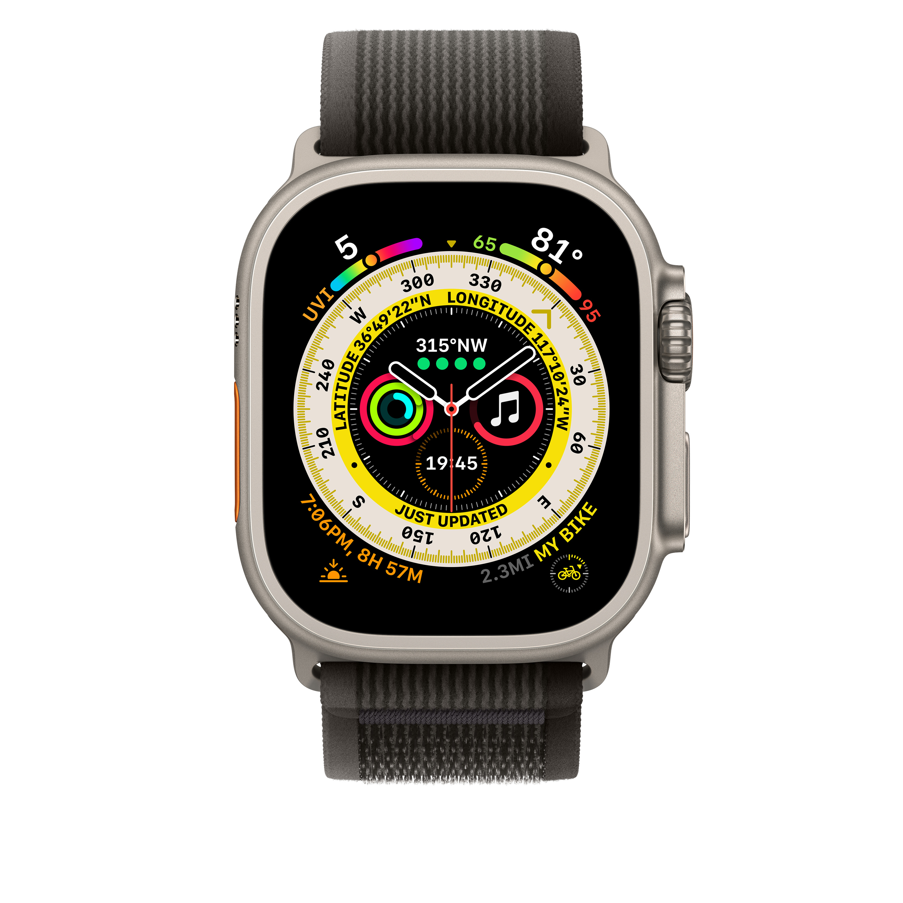 Apple Watch Ultra mit grauem Armband, zeigt das Zifferblatt. Der Bildschirm zeigt Metriken.