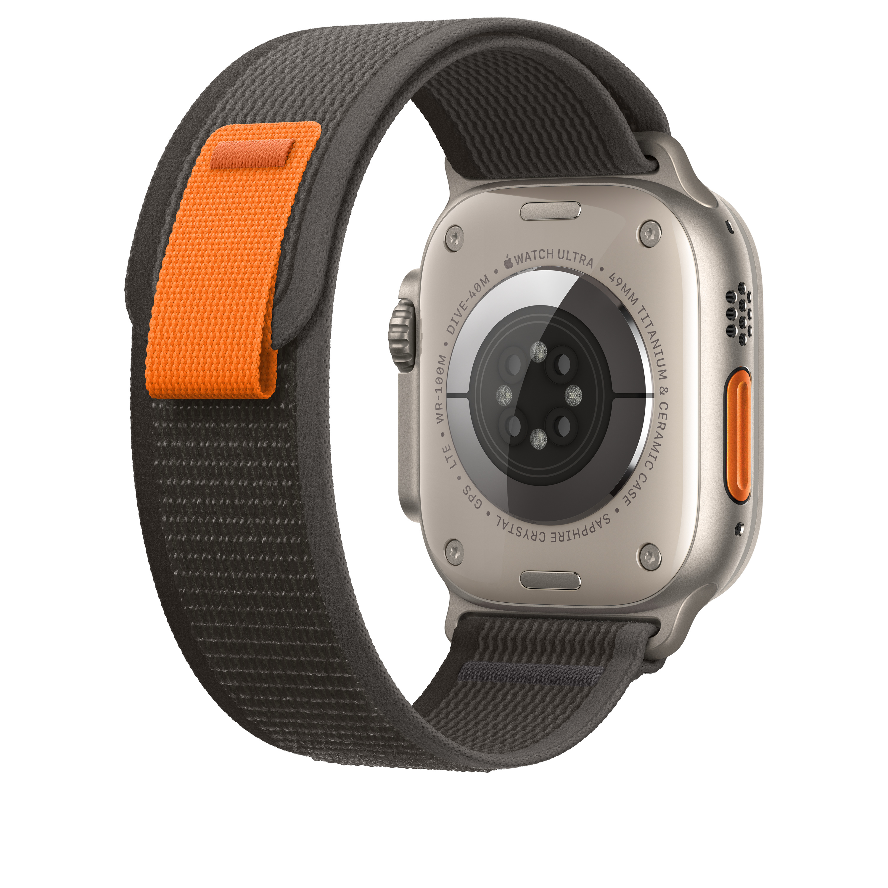 Apple Watch Ultra mit dunkelgrauem Armband und orangefarbenem Akzent, Rückansicht.