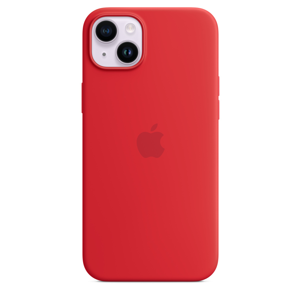 Rote iPhone-Rückseite mit rotem Apple-Logo. Zwei Kameralinsen sind sichtbar.
