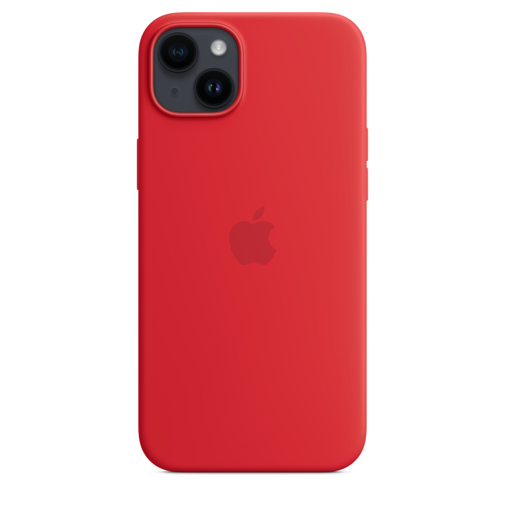 Rotes iPhone 14 in roter Hülle. Apple-Logo auf der Rückseite. Zwei Kameralinsen oben.